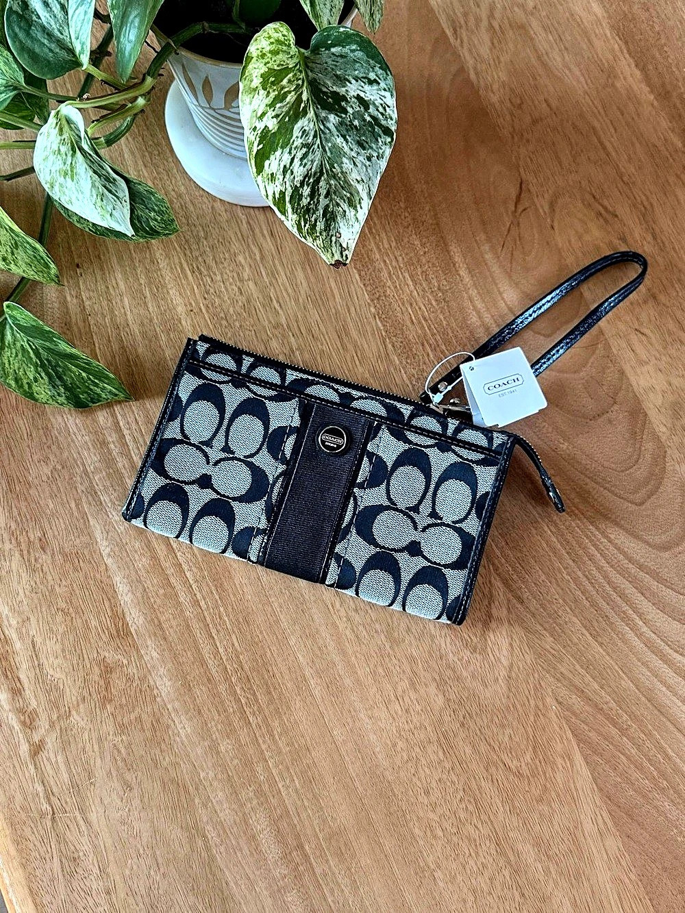 Coach Signature Stripe Zip Wristlet F49139 Black & White
